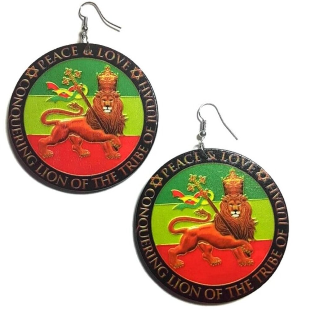 PEACE LOVE Lion of Judah  Medium Statement Dangle Wood Earrings